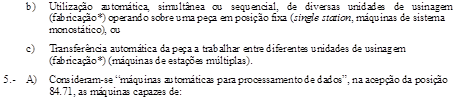 	b)	Utilizao   automtica,   simultnea   ou   sequencial,   de   diversas   unidades   de   usinagem
		(fabricao*) operando sobre uma pea em posio fixa (single station, mquinas de sistema monosttico), ou
	c)	Transferncia automtica da pea a trabalhar entre diferentes unidades de usinagem (fabricao*) (mquinas de estaes mltiplas).
5.-	A)	Consideram-se “mquinas automticas para processamento de dados”, na acepo da posio 84.71, as mquinas capazes de:

